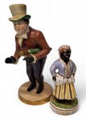A Samson Hancock Derby figure, of John Liston as Paul Pry, he stands wearing a top hat, brown jacket