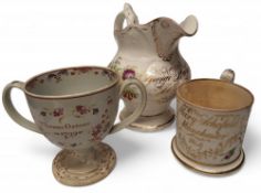 A mid 19th century English porcelain jug, painted with summer flowers, inscribed in gilt, George