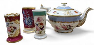An English porcelain teapot and cover, possibly Minton, flanged shoulder, acanthus wrapped angular