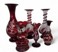 A 19th century pedestal ovoid vase, etched with a bird perched on a branch, 27.5cm high, c.1880; a