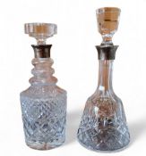 A silver mounted clear glass decanter, ring neck, hobnail and strawberry cut, 28.5cm high, London