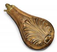 A 19th century copper and brass fluted bag shaped powder or shot flask, embossed with an