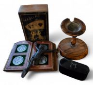 A Victorian hardwood pocket watch stand, c.1870;    a Victorian papier mache rounded rectangular