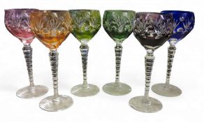 A set of six Bohemian coloured hock glasses, 21cm high