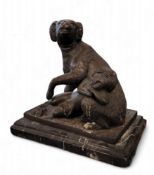 French School, a bronzed group, of a dog protecting a sleeping child, marked B M 1882, rectangular