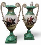 A pair of two handled pedestal ovoid vases, printed with huntsmen, hounds and horses, within green