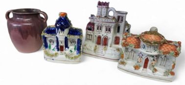 A Victorian Staffordshire cottage, shredded clay moss, picked out in colours, 15.5cm high, c.