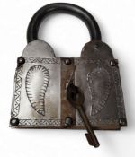 A large iron padlock and key, 24cm high