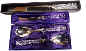 Edinburgh Crystal salad servers, boxed;  a similar cheese knife;   a Waterford Crystal cake knife,