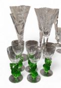 Three Waterford Millennium pattern champagne flutes;  three Royal Doulton flutes;  a set of five