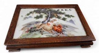 A Chinese stained wood and ceramic rectangular stand, printed with wild horses, prunus tree and