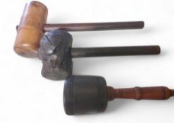 A rustic hammer, 28cm long;  a large gavel, 35cm long;  a mallet (3)