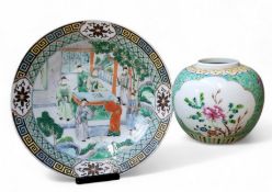 A Chinese porcelain famille verte cabinet plate, possibly Guangxu Period; a 20th century famille