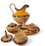 A Crown Devon Fielding's Art Deco wash jug, dressing table tray, pin holder and pots, each with