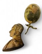 A 19th century brass bust, of a gentleman, side profile, 20cm high;    a 19th century brass