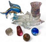 A  Murano glass dolphin,  24.5cm high;  a French Vassier clear glass flower shaped bowl, 35cm