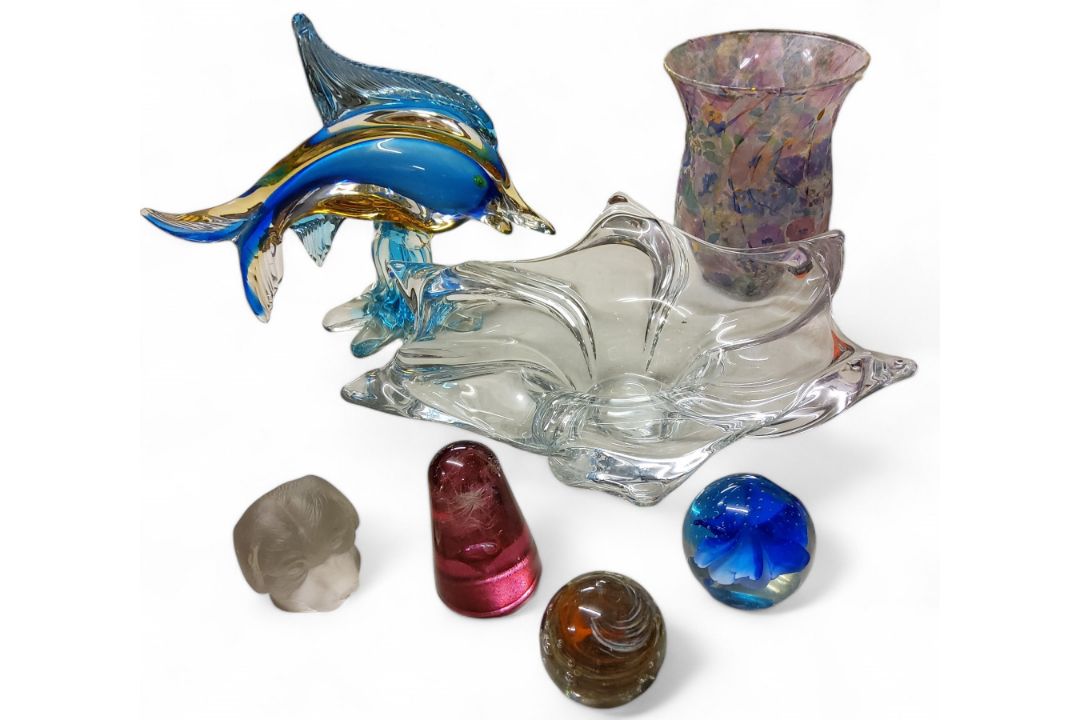 A  Murano glass dolphin,  24.5cm high;  a French Vassier clear glass flower shaped bowl, 35cm
