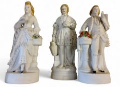 A pair early 20th century bisque figures, of a gallant and companion, standing in 18th century