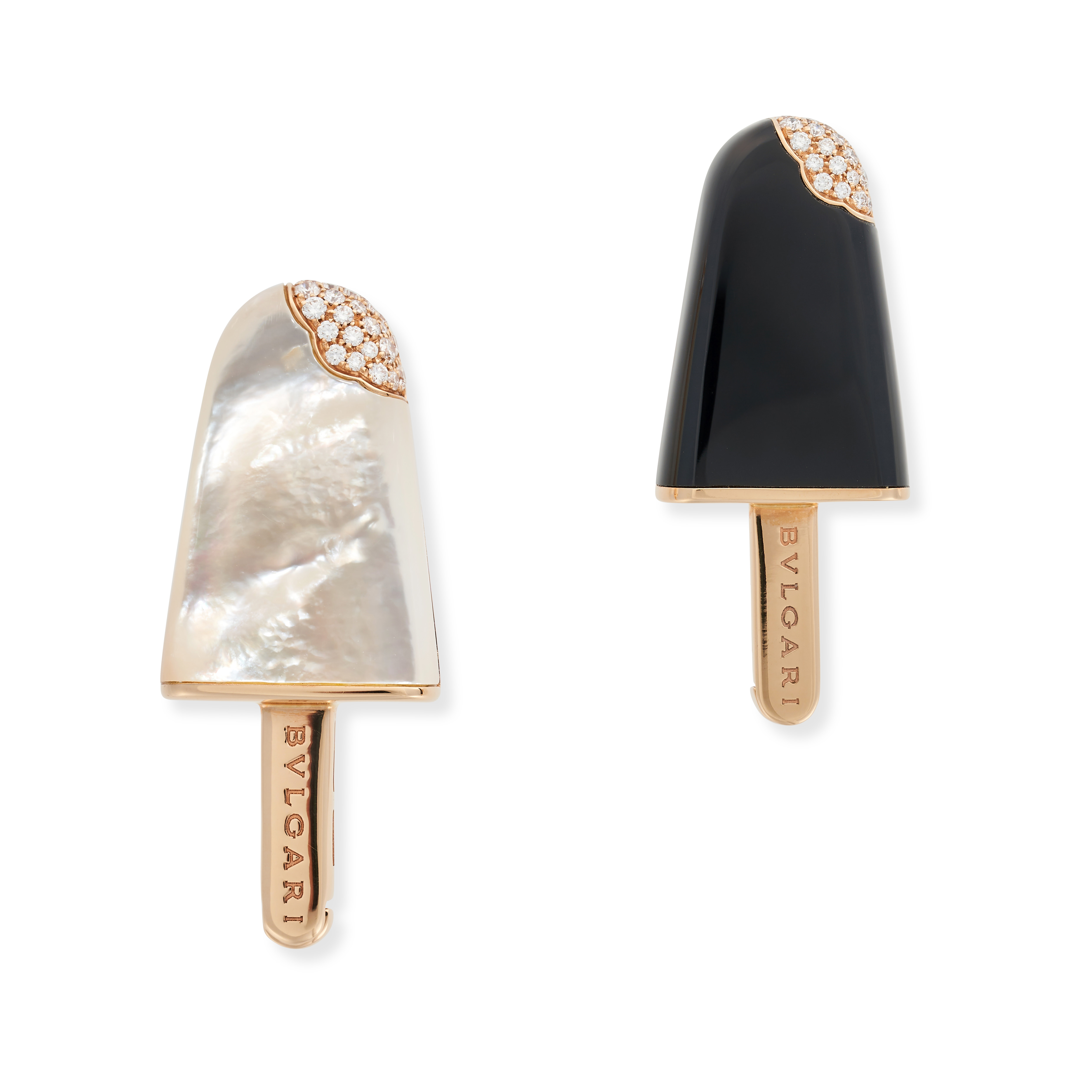 BULGARI, A PAIR OF MOTHER OF PEARL, DIAMOND AND ONYX GELATI BROOCHES in 18ct yellow gold, each de...