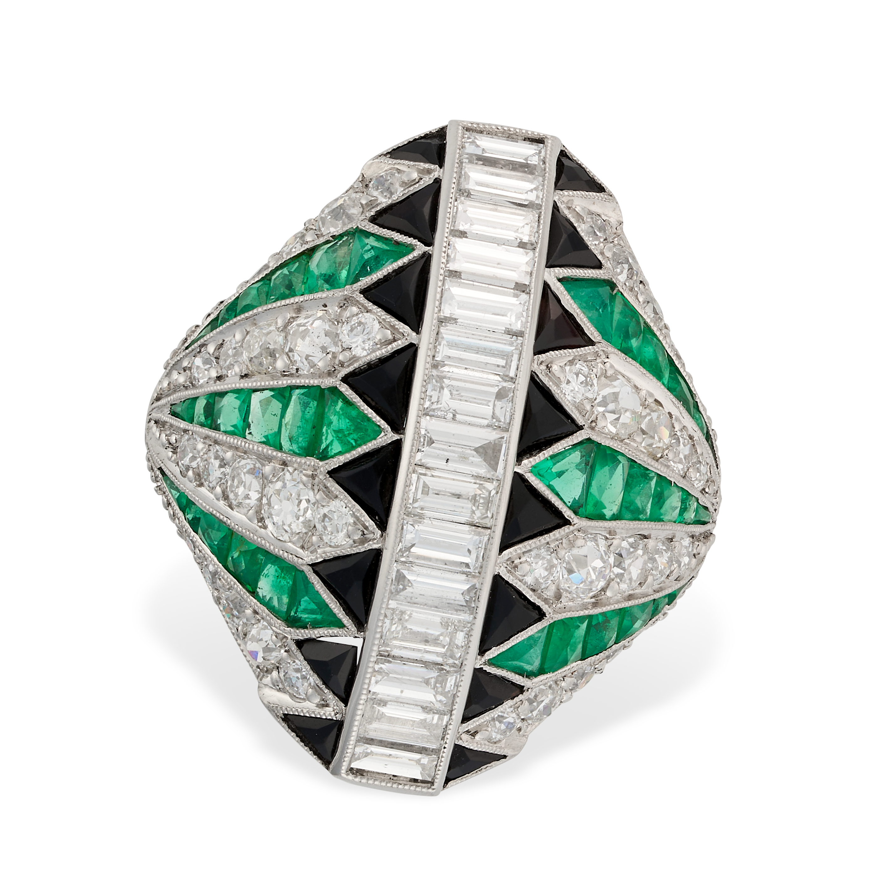 A FINE ART DECO DIAMOND, EMERALD AND ONYX DRESS RING of bombe design, set with a row of baguette ... - Image 2 of 3