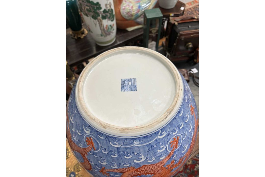 A LARGE PAIR OF CHINESE UNDERGLAZE BLUE AND IRON-RED DRAGON VASES, TIANQIUPING - Image 8 of 8