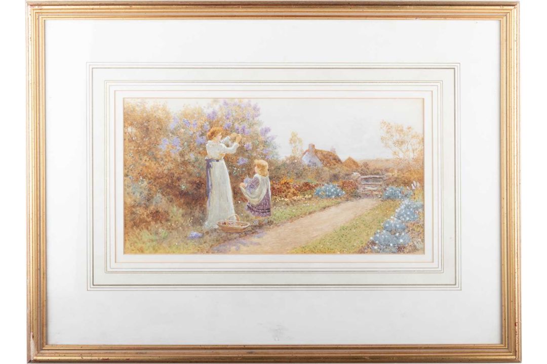 THOMAS JAMES LLOYD (1849-1910) MOTHER AND DAUGHTER COLLECTING FLOWERS - Image 2 of 3