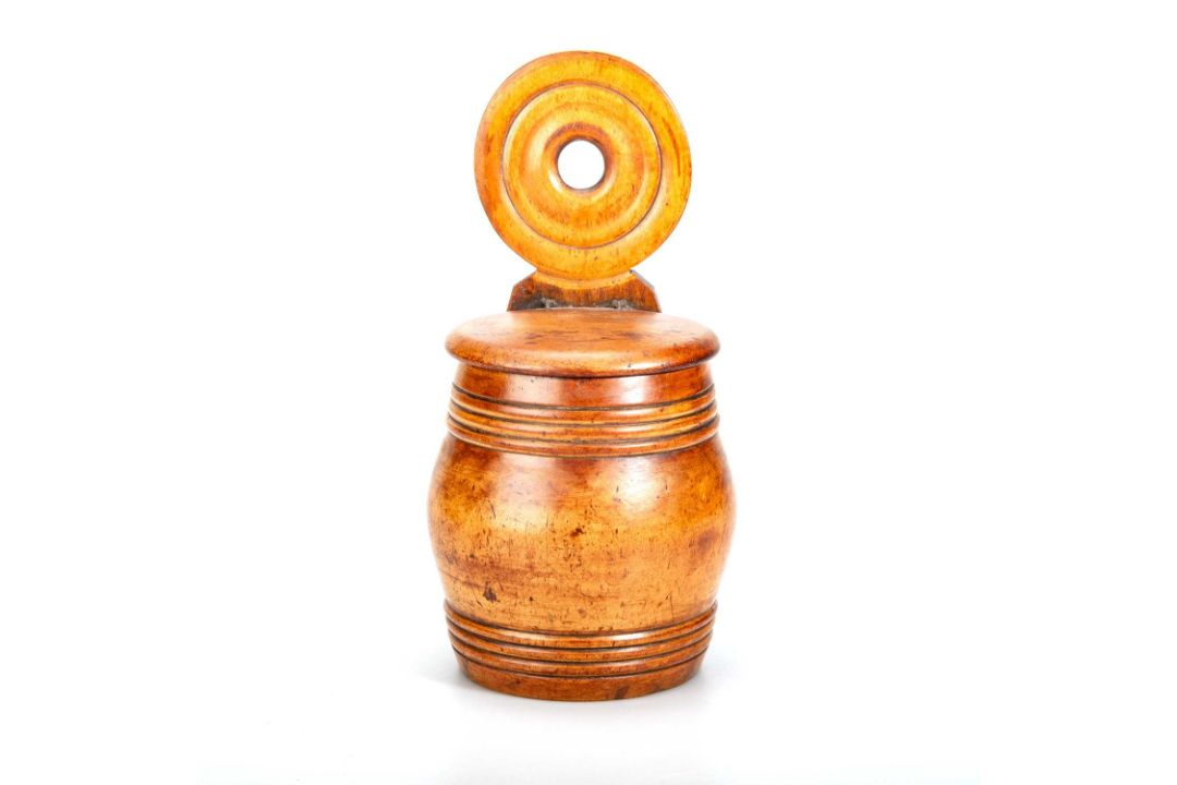 A 19TH CENTURY SCOTTISH SYCAMORE BARREL-SHAPED SALT BOX