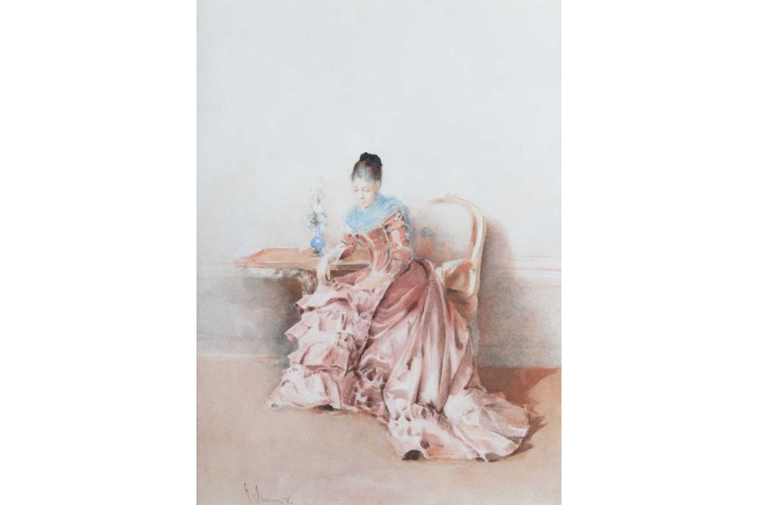 GUSTAVO SIMONI (ITALIAN 1845-1926) PORTRAIT OF A LADY SEATED AT A TABLE - Image 2 of 3