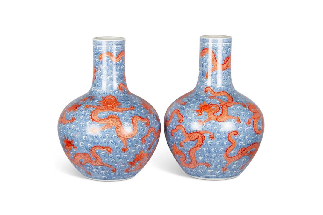 A LARGE PAIR OF CHINESE UNDERGLAZE BLUE AND IRON-RED DRAGON VASES, TIANQIUPING - Image 1 of 8