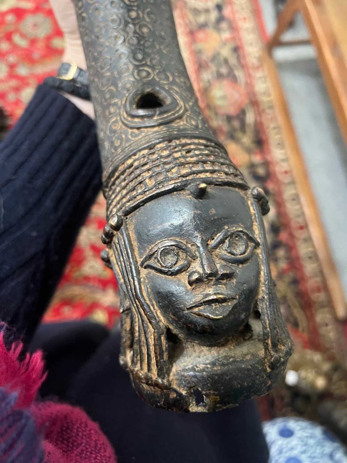 A PAIR OF BENIN BRONZE ALTAR HEADS - Image 12 of 13