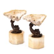 A PAIR OF GRAND TOUR BRONZE AND SHELL-MOUNTED TAZZA, 19TH CENTURY