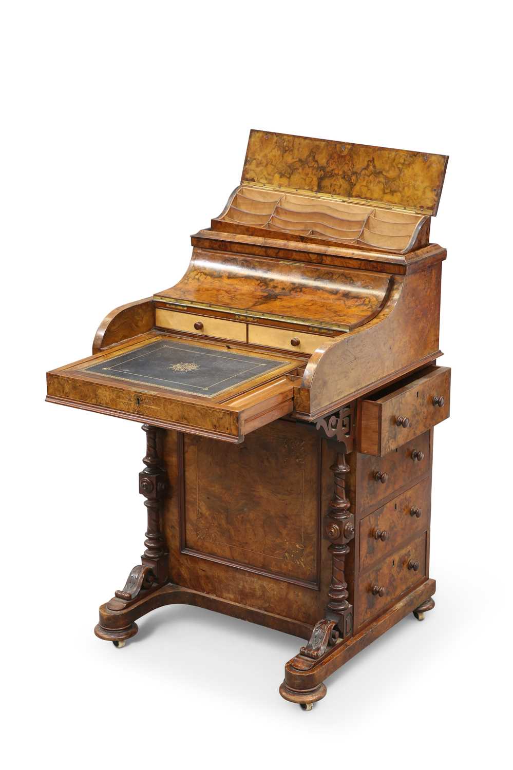 A VICTORIAN INLAID BURR WALNUT DAVENPORT