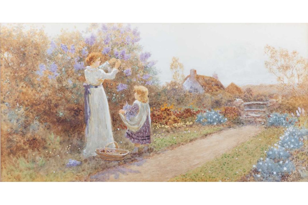 THOMAS JAMES LLOYD (1849-1910) MOTHER AND DAUGHTER COLLECTING FLOWERS - Image 1 of 3
