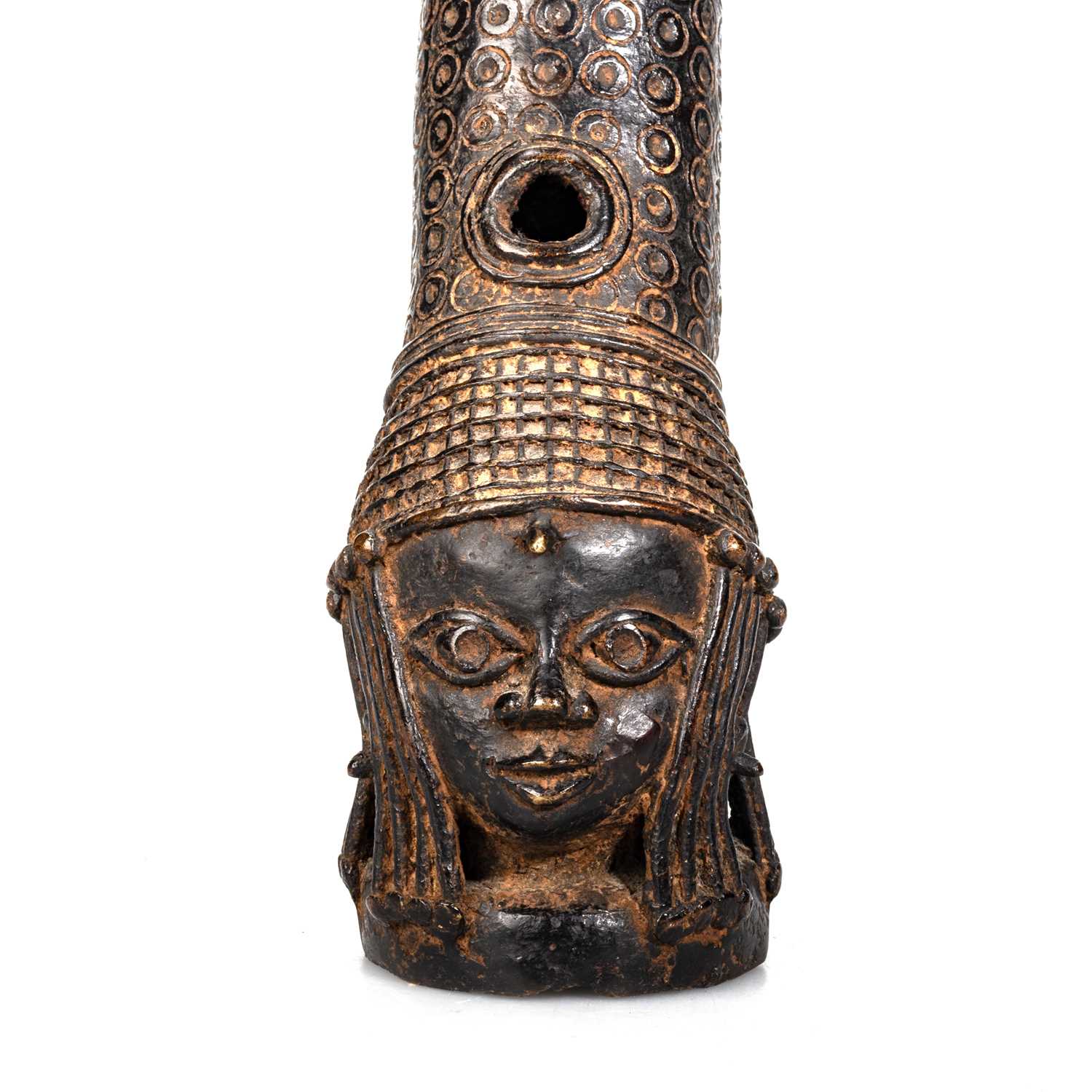 A PAIR OF BENIN BRONZE ALTAR HEADS - Image 3 of 13