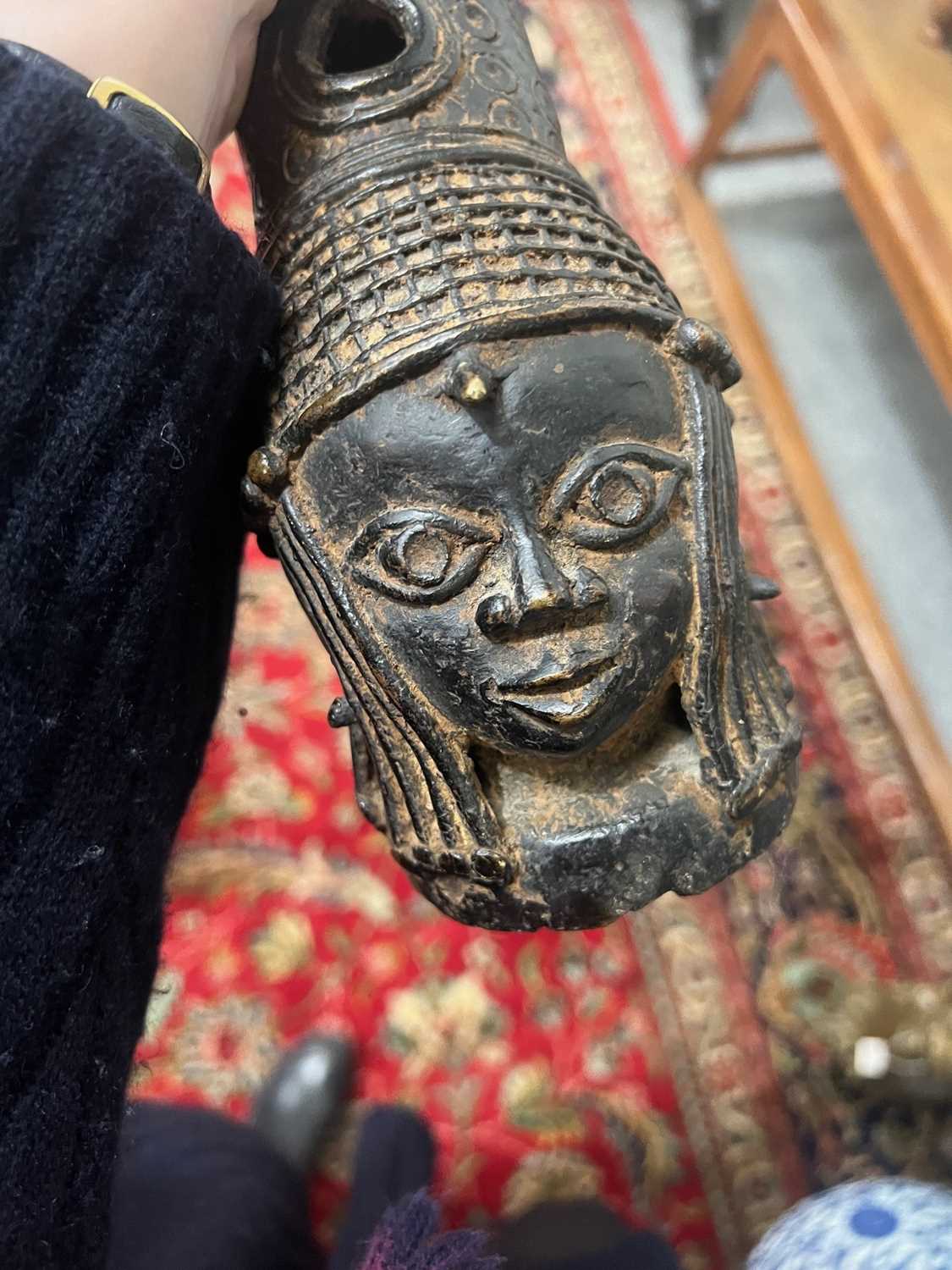 A PAIR OF BENIN BRONZE ALTAR HEADS - Image 11 of 13