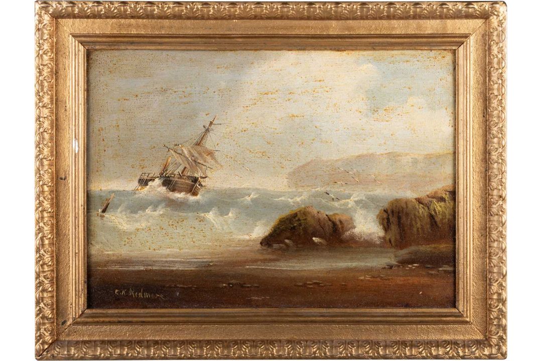 E.K REDMORE (1860-1941) PAIR OF COASTAL SCENES WITH SHIPS AND FIGURES - Image 2 of 4