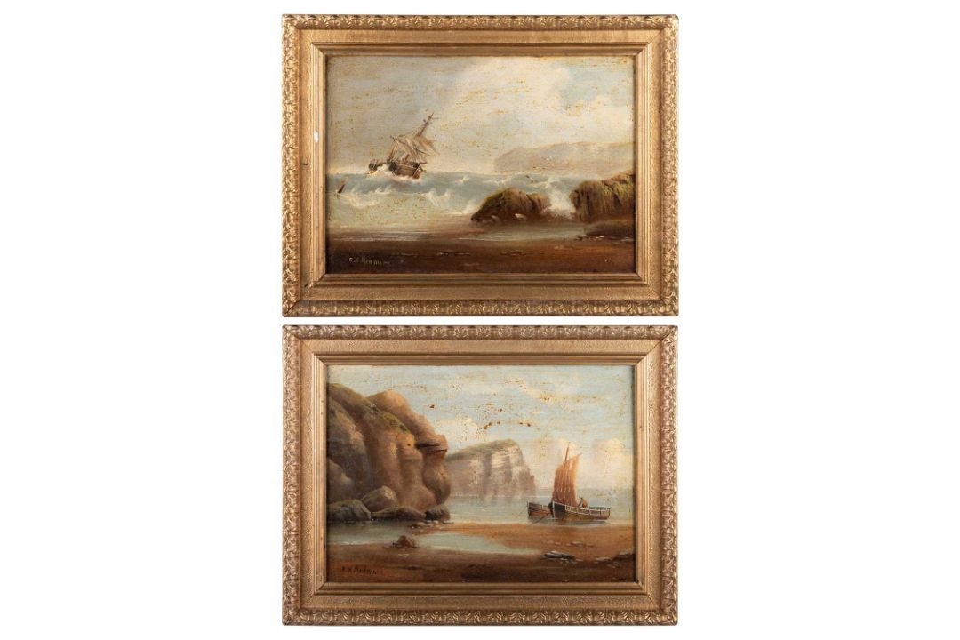 E.K REDMORE (1860-1941) PAIR OF COASTAL SCENES WITH SHIPS AND FIGURES - Image 1 of 4