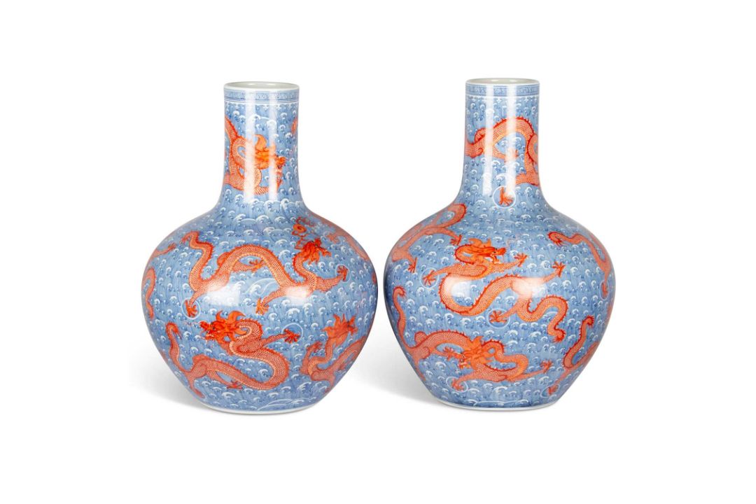 A LARGE PAIR OF CHINESE UNDERGLAZE BLUE AND IRON-RED DRAGON VASES, TIANQIUPING - Image 2 of 8