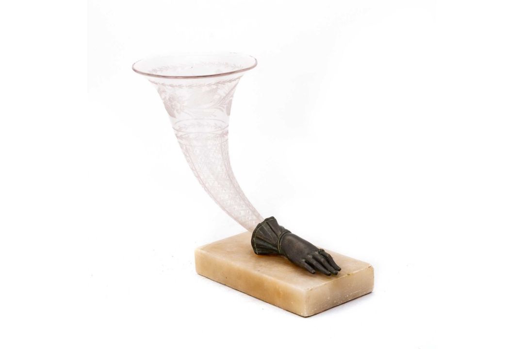 A VICTORIAN BRONZE AND GLASS CORNUCOPIA VASE