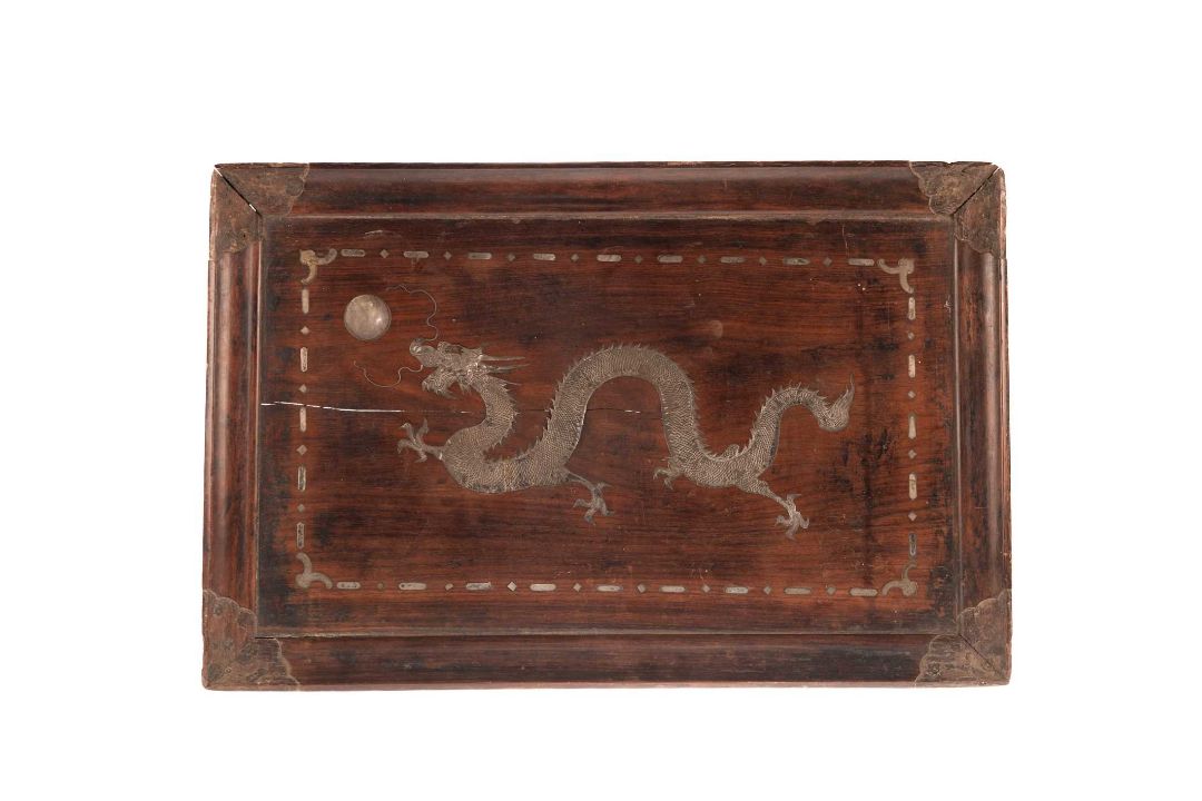 A CHINESE SILVERED METAL INLAID HARDWOOD TRAY, PROBABLY LATE 19TH CENTURY - Image 1 of 2