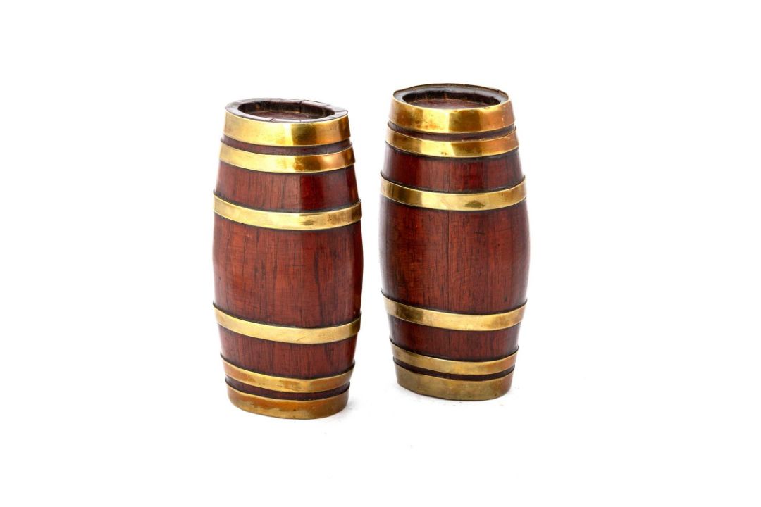 A PAIR OF VICTORIAN BRASS-BOUND COOPERED TEAK MINIATURE BARRELS