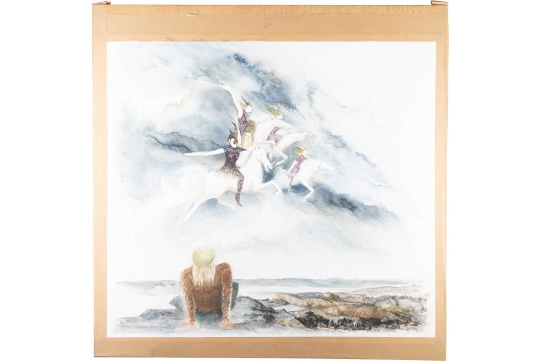 20TH CENTURY SCHOOL SURREALIST SCENE WITH FIGURES AND HORSES