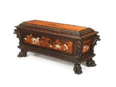 A 19TH CENTURY ITALIAN WALNUT, FRUITWOOD AND IVORY-INLAID CASSONE
