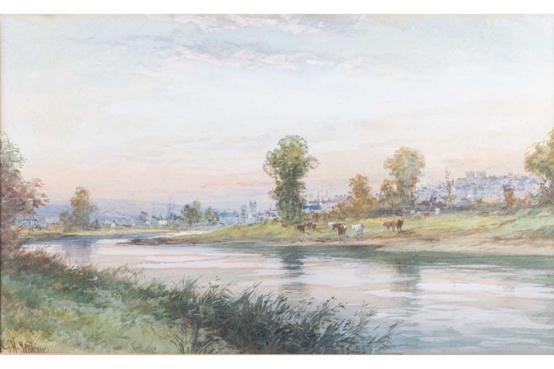 GEORGE HENRY JENKINS (1843-1914) RIVER LANDSCAPE WITH CITY BEYOND, POSSIBLY BRISTOL - Image 1 of 3