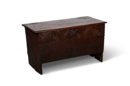 A 17TH CENTURY OAK SIX-PLANK COFFER, OF SMALL PROPORTIONS
