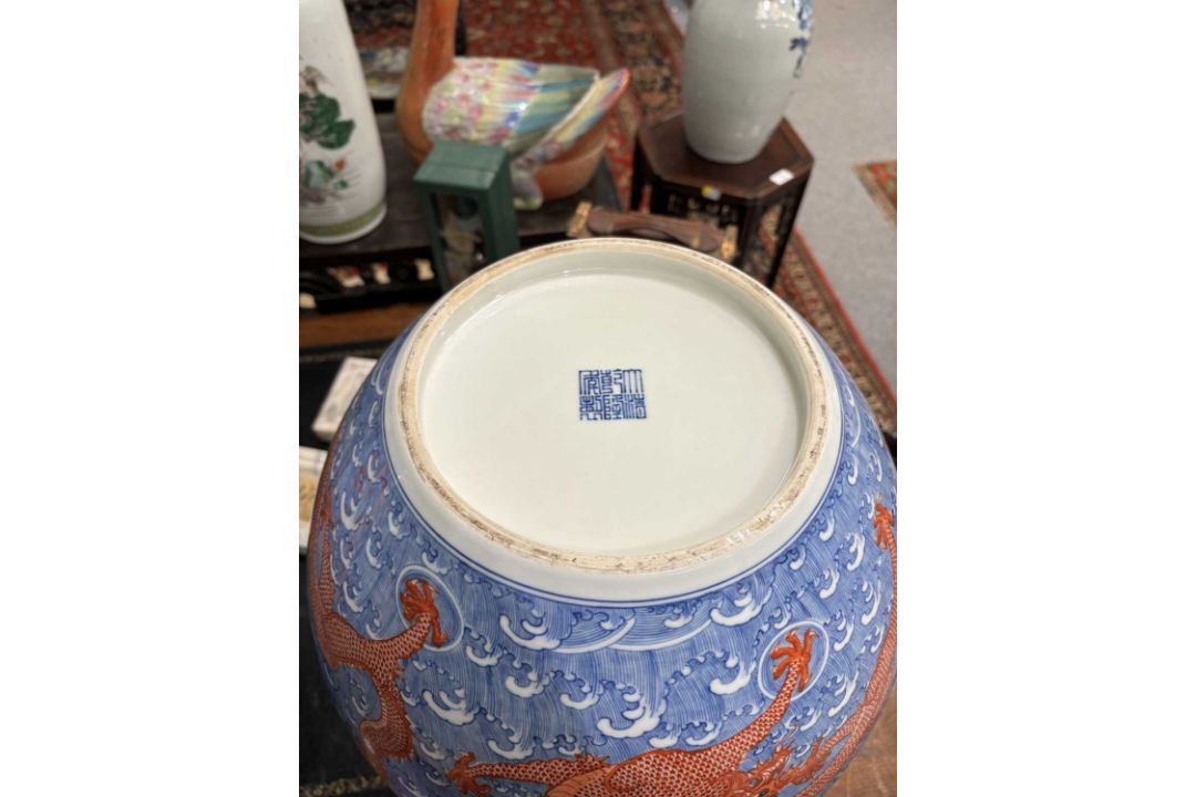 A LARGE PAIR OF CHINESE UNDERGLAZE BLUE AND IRON-RED DRAGON VASES, TIANQIUPING - Image 3 of 8