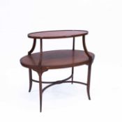 A LATE 19TH CENTURY ROSEWOOD BANDED AND INLAID SATINWOOD TWO-TIER ÉTAGÈRE, LABEL OF BEDEL & CIE