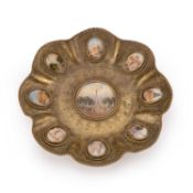 A FRENCH BRASS DISH WITH INSET MINIATURES, CIRCA 1900