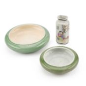TWO CHINESE CELADON-GLAZED BRUSH WASHERS AND A SMALL FAMILLE ROSE VASE
