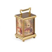A KINGSLEY ENAMELS BRASS-CASED CARRIAGE CLOCK WITH FRUIT-PAINTED ROYAL WORCESTER STYLE PANELS